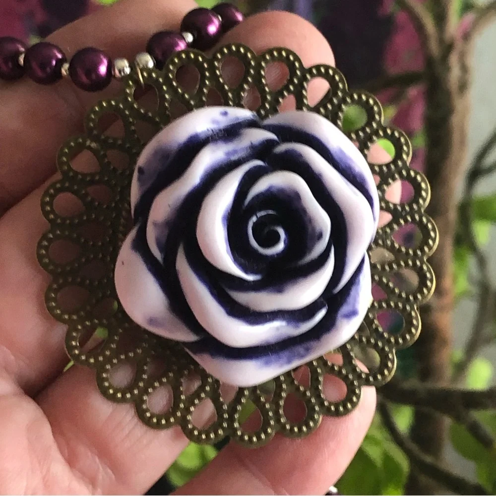 Handcrafted repurpose purple rose filigree pendant Czech glass Pearl necklace